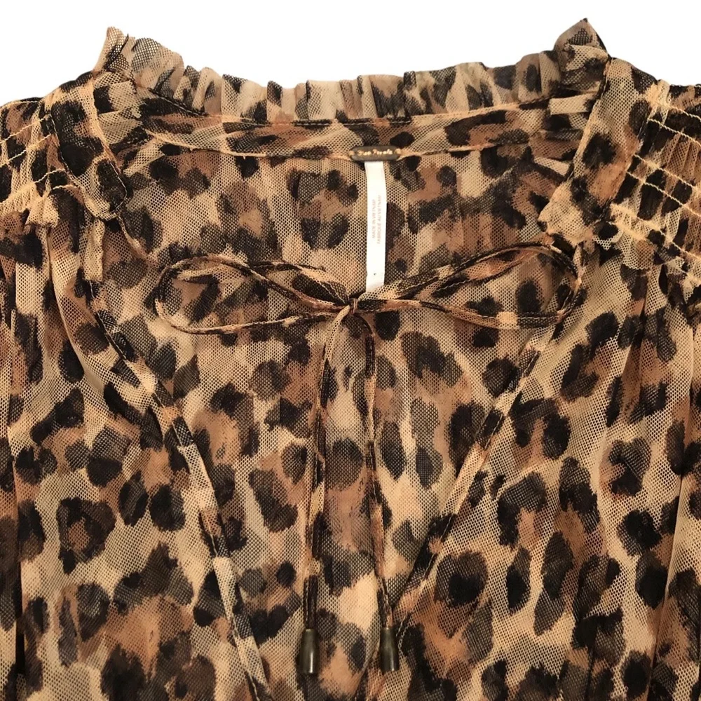 Free People Sheer Leopard Print Top with Ruffle Details Size S